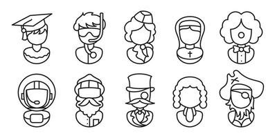 Profession and occupation characters icon set. Graduate student, diver, hostess and attendant uniform. Astronaut, christian nun, comedian clown and pirate captain costume. Gentleman and judge job. vector