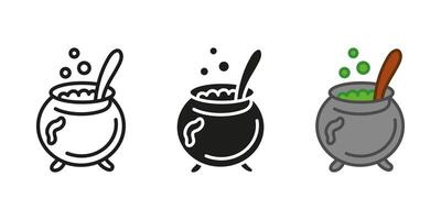 Witch cauldron icon. Cooking pot with boiling elixir illustration. Halloween magic kettle symbol. Witchcraft poison potion preparation sign. Vintage iron spell cauldron with bubbles pictogram. vector