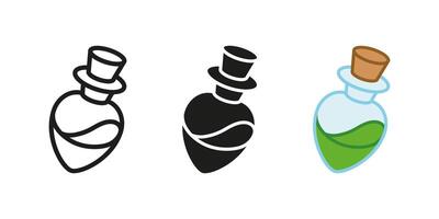 Magic elixir icon. Poison potion illustration. Magic flask symbol. Chemical spell phial sign. Green alchemy vial pictogram. Laboratory experiment isolated outline, black and colored concept. vector