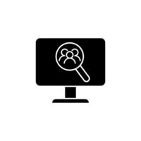 Computer with magnifying glass icon over white background, silhouette style, illustration vector