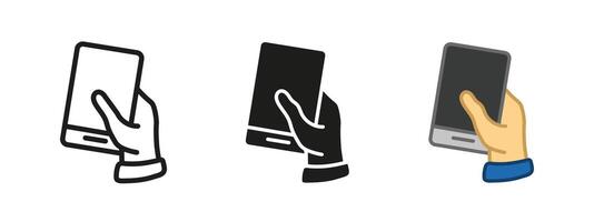 Hand holding a phone icon. Mobile phone with hand illustration. Smartphone with finger symbol. Touch screen technology sign. Digital device holding in hand concept isolated. vector