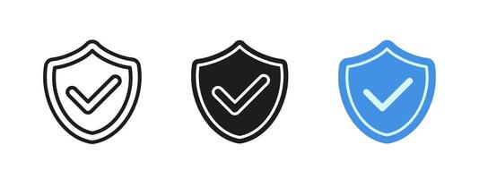Shield with checkmark icon. Warranty and guarantee illustration. Security and protection symbol. Guard and defense sign. Firewall emblem. Network privacy safeguard pictogram. Shield checkmark. vector