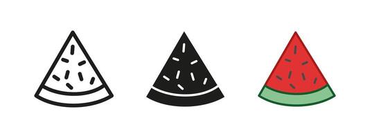 Watermelon icon. Watermelon triangular slice illustration. Melon piece symbol. Ripe water melon with seeds sign. Red summer fruit pictogram isolated outline, line, black and colored triangle. vector