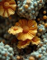 A close up of some flowers and some rocks photo