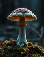 A mushroom is sitting on top of a moss covered ground photo