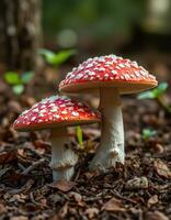 Two red and white mushrooms are sitting on the ground photo