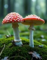 Two red mushrooms are standing on top of a mossy forest photo