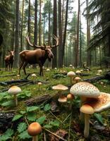 A moose and mushrooms in a forest photo
