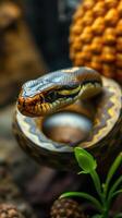 A snake is sitting on top of a rock photo