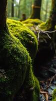 A mossy forest with trees and rocks photo
