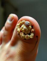 A person with a foot with a small piece of food on it photo