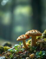 Two mushrooms are sitting on top of a moss covered ground photo