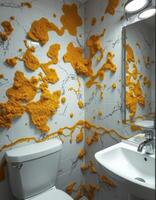A bathroom with a yellow and white marble wall photo