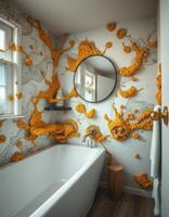 A bathroom with a large bathtub and a wall covered in orange and yellow flowers photo