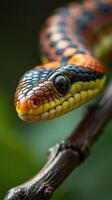 A close up of a colorful snake on a branch photo