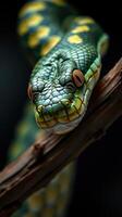 A green snake with yellow eyes on a branch photo
