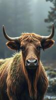 A brown cow with long horns standing in the fog photo