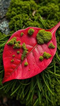 A red leaf with moss on it photo