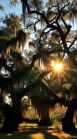 The sun shines through the branches of a large tree photo
