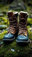 A pair of brown boots sitting on top of moss photo