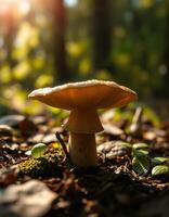 A mushroom is standing on the ground in the forest photo
