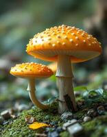 Two orange mushrooms are sitting on top of a mossy ground photo