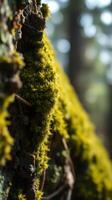 A close up of a moss covered tree trunk photo