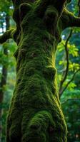 A moss covered tree trunk in the woods photo
