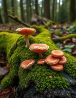 A group of mushrooms sitting on a moss covered log photo