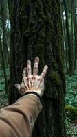 A person's hand reaching up to a tree photo