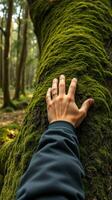 A person's hand reaching up to touch a tree photo