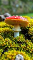 A red mushroom is sitting on top of a green mossy ground photo