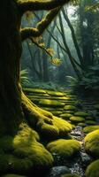 A mossy forest with trees and rocks photo