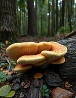 A group of mushrooms growing on a log photo