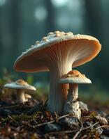 Two mushrooms are standing on the ground in the woods photo