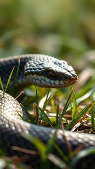A snake is sitting in the grass photo