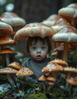 A baby is surrounded by mushrooms photo