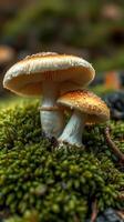 Two mushrooms are sitting on top of moss photo