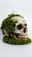 A skull with moss on it is shown photo