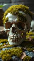 A skull with moss on it sitting on a table photo