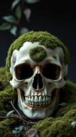 Skull with moss on it in a forest photo