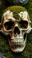 A skull with moss growing on it photo