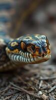 A close up of a snake's head and eyes photo