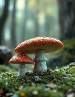 Two red mushrooms are sitting on top of mossy ground photo