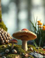 A mushroom and some other mushrooms are sitting on the ground photo