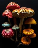 A group of colorful mushrooms on a black background photo
