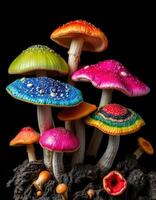 A group of colorful mushrooms on a rock photo