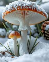 A mushroom covered in snow sits on a snowy ground photo