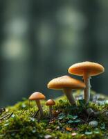 Three mushrooms are standing on top of moss photo