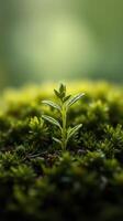 A small plant growing out of a mossy ground photo